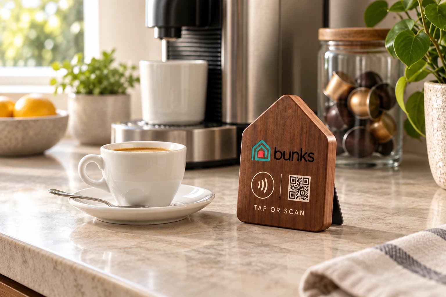 The Home Hub on a kitchen counter next to a coffee machine